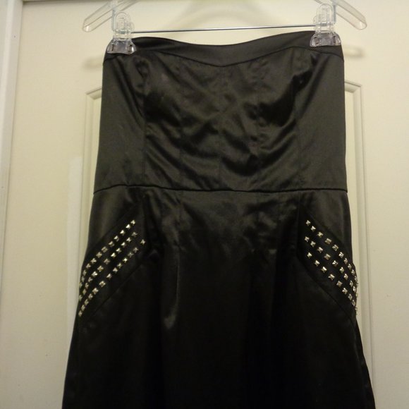 WIMSY GOTH PUNK EMO RETRO BLACK SATIN STRAPLESS STUDS DRESS 6 - Picture 6 of 10